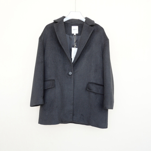 毛呢外套休闲短大衣5A7040黑色 女冬宽松九分袖 拉系列L XL撤柜正品