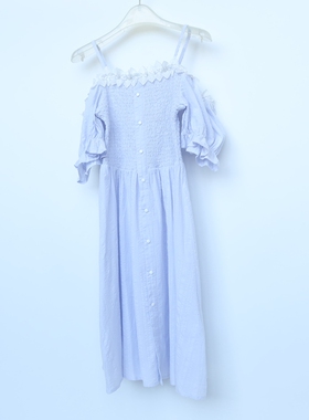 CC系列/XL正品女夏纯棉泡泡纱一字肩短袖裹胸裙2C379128天蓝