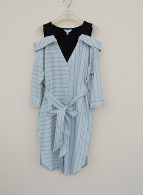 拉系列SL专柜断码女春夏亲肤锦棉宽松露肩六分袖连衣裙5A3477条纹