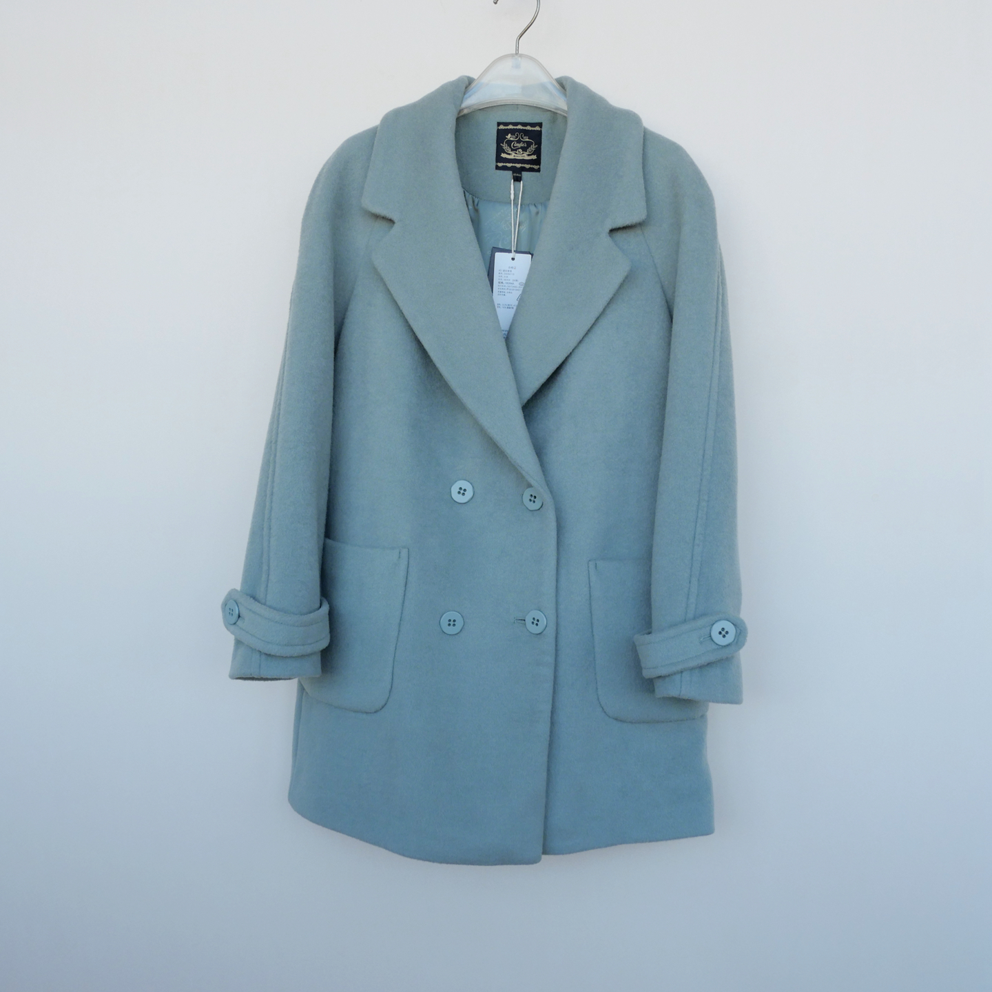 拉系列SML正品清仓 女冬厚暖舒柔宽松双排扣毛呢外套5A4115灰绿