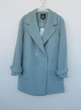 拉系列SML正品清仓 女冬厚暖舒柔宽松双排扣毛呢外套5A4115灰绿