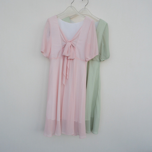 拉系列S/M/L正品超值 女夏中长过膝雪纺泡泡纱短袖连衣裙4A4753