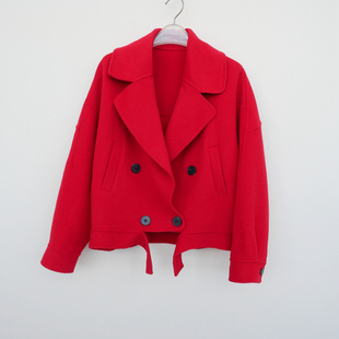 拉系列SML撤柜正品 双面呢外套5A5590大红 女秋冬宽松优雅舒适短款
