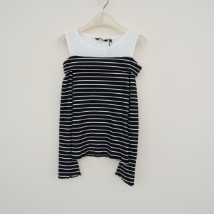 拉系列SL正品 T恤5A0709条纹 清仓女春秋全棉高弹罗纹紧身露肩长袖