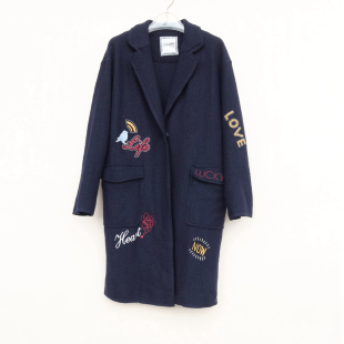 艾格淘特/S专柜正品 女秋冬粘纤羊毛粗纺薄双面呢外套6F4106藏青