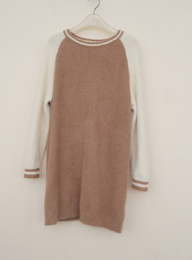 拉系列SML撤柜正品 女冬中长厚柔过臀毛绒毛线圆领毛衣6A0883驼色