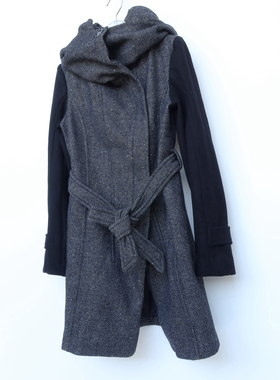 艾格淘特/S专柜断码 女冬黑色中长色织粗纺厚毛呢外套大衣4N4173