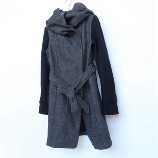 艾格淘特/S专柜断码 女冬黑色中长色织粗纺厚毛呢外套大衣4N4173