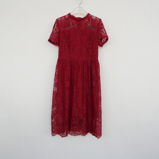 拉系列/S专柜断码女春夏秋舒滑锦纶蕾丝盖膝短袖连衣裙5A1588酒红