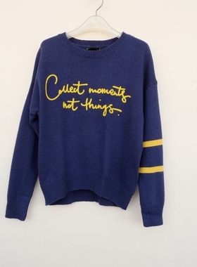 拉系S专柜正品断码 女冬含兔毛字母绣花宽松圆领毛衣6A7375藏青蓝