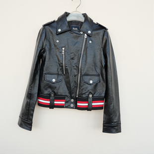 拉系列S专柜断码 女春秋厚柔PU皮机车修身短外套5A1628黑色