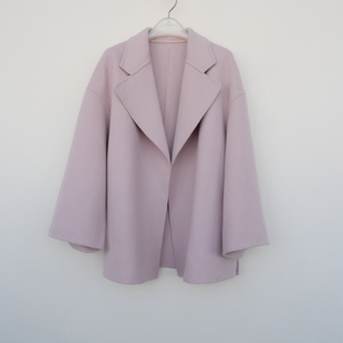 拉系L专柜正品 女秋冬全羊毛双面呢宽松九分袖毛呢外套6A4013浅粉