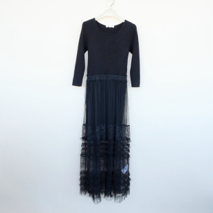 七分袖 连衣长裙5A7616黑色 女春秋冰丝毛线覆纱修身 拉SML撤柜正品