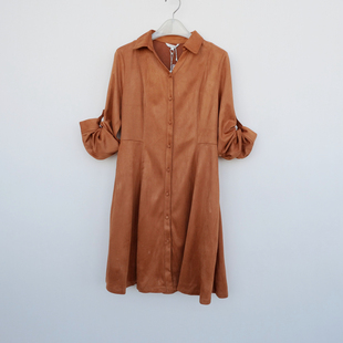 衬衫 女春秋仿麂皮绒收腰大摆长袖 裙5A0559黄卡其 清仓 拉系SML正品