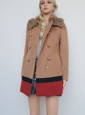 艾格淘特S/M/L专柜正品特惠女秋冬驼色54毛中长撞色毛呢外套E4238