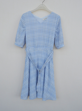 拉系列S/M/L正品超值 夏色织格子泡泡纱舒适透气连衣裙4A1005浅蓝