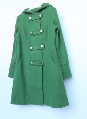 艾格淘特/S正品断码 女冬翠绿中长连帽羊毛毛呢厚外套大衣4N4111