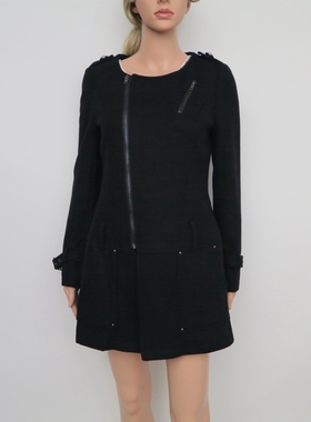 艾格淘特/S专柜正品特惠 女秋冬黑色斜拉链呢大衣暖外套4N4214