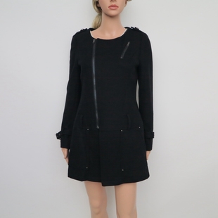 艾格淘特/S专柜正品特惠 女秋冬黑色斜拉链呢大衣暖外套4N4214