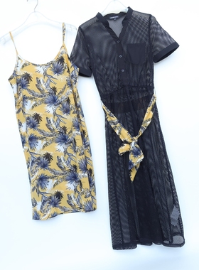 CC系列/S正品断码 女夏黑色中长网眼两件套连衣裙2C379053樱草黄