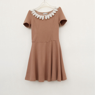 艾格淘特/S专柜正品断码 女春夏驼色花边短袖针织连衣裙4E2151