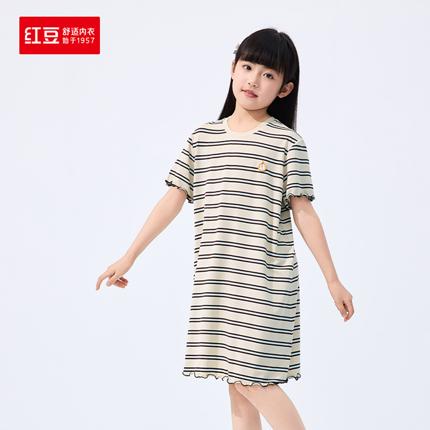 红豆居家26年春夏新款QQ弹女童海军风条纹清凉短袖裙睡裙6J308