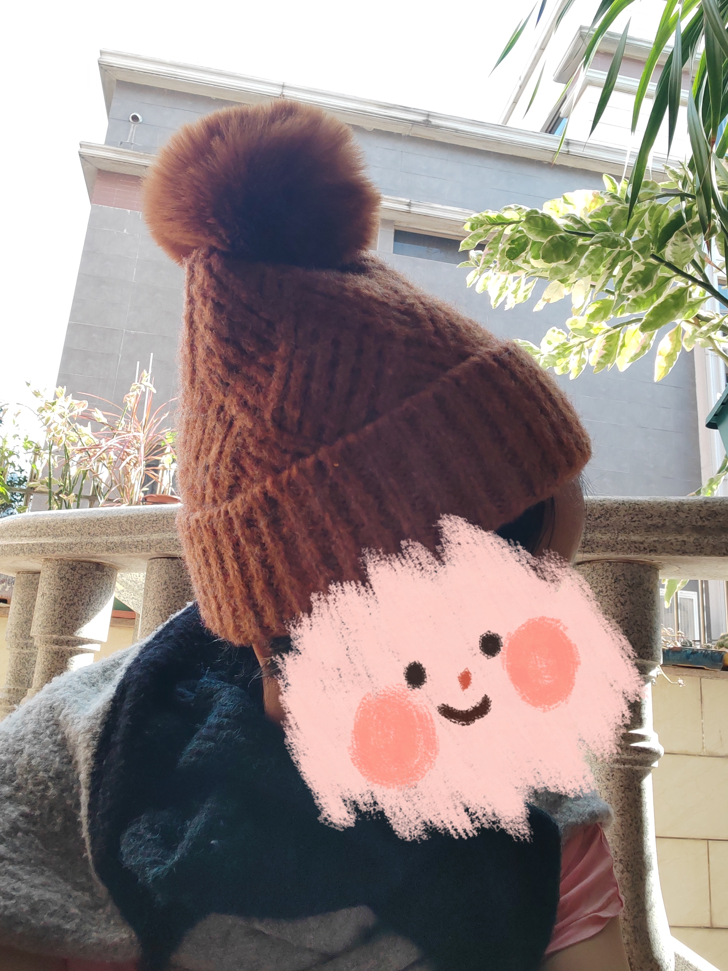 冬日阳光外贸样板橘调花斑橙棕类毛针织帽秋冬大毛球保暖帽子