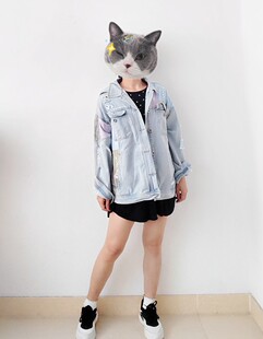 guu**浅蓝拼接印花破洞牛仔外套男款女款