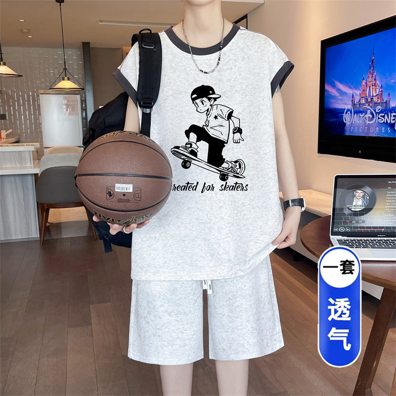 无袖休闲运动套装夏季美式滑板少年印花背心两件套男生帅气篮球服
