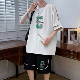 潮流帅气宽松休闲短袖 初高中学生t恤男装 一套 青少年运动套装 夏季