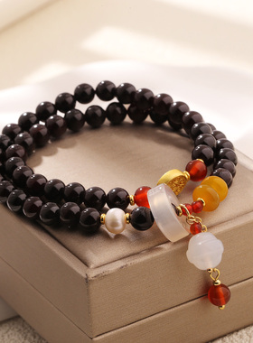 天然黑曜石手链佛珠多层手环荔枝冻白绿小众设计弹力2024年新款女