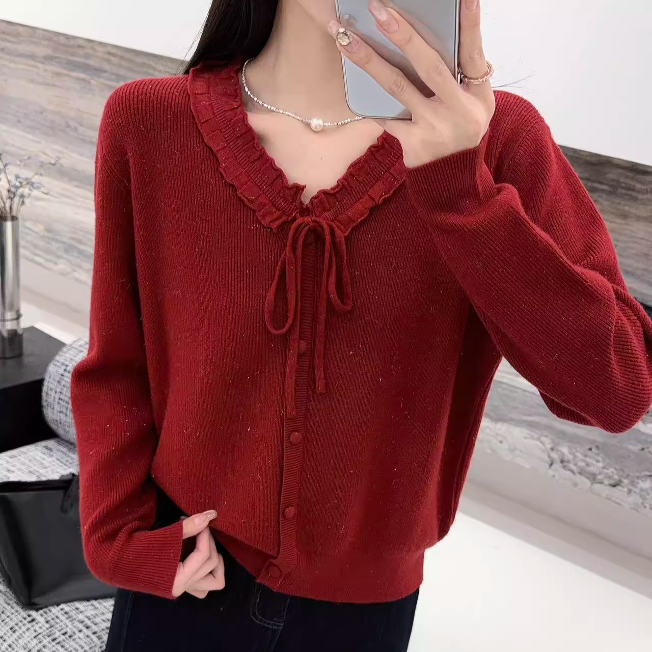 小香风V领花边系带针织开衫女2025年秋冬新款漂亮毛衣甜美上衣