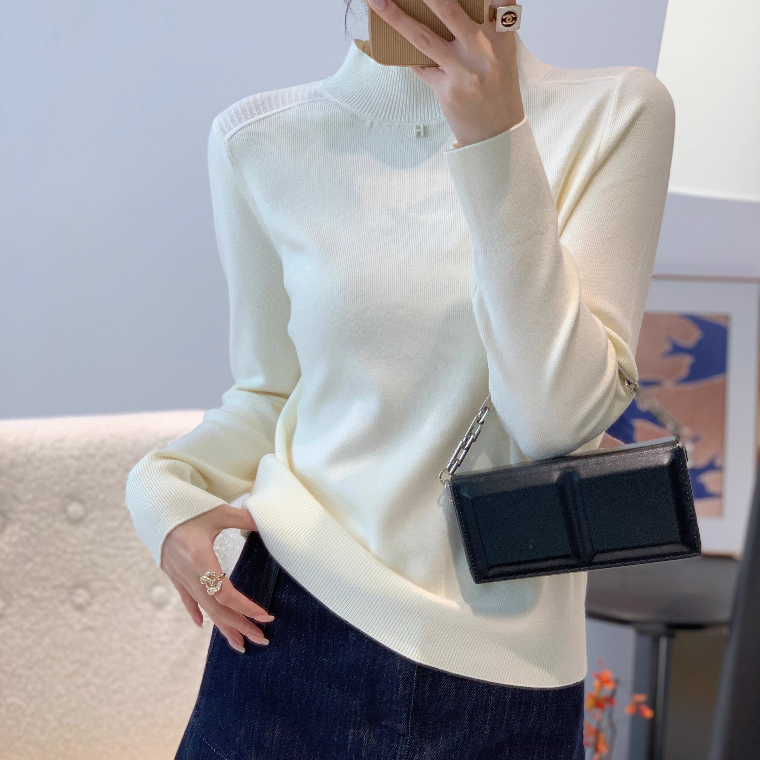 半高领打底衫女2025年新款秋冬内搭毛衣H字母标高级感针织上衣
