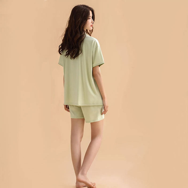 纯色小清新休闲绿色睡衣女夏季短袖短裤开衫女士家居服套装可外穿