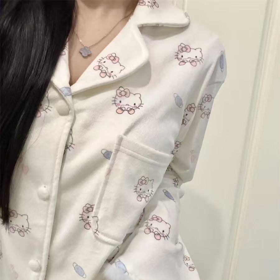 韩版美少女凯蒂猫睡衣女秋冬季保暖德绒加厚加绒套装花边家居服