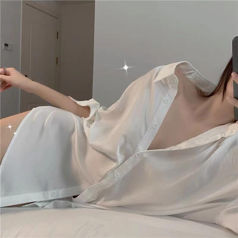 春夏高定纯欲冰丝诱惑BF睡裙新款衬衫型宽松家居服套装加短裤