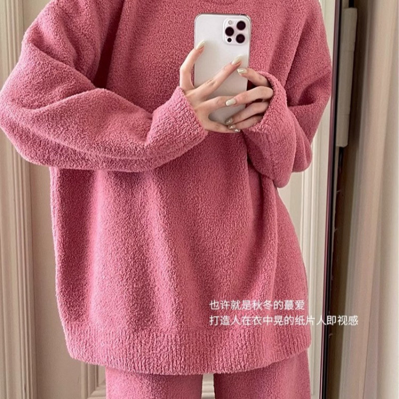 甜美秋冬季珍贝绒睡衣女网红加厚保暖加绒休闲可外穿少女家居服套