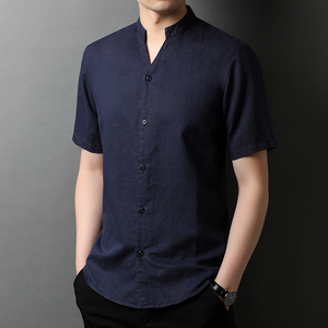 F2752钱塘2020-1亚麻55%流行夏季男士立领领短袖衬衫半袖P67图片