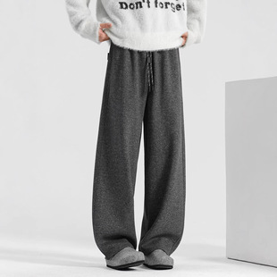 秋冬羊毛呢弯刀卫裤加绒裤子男款加厚男裤冬季阔腿直筒裤休闲长裤