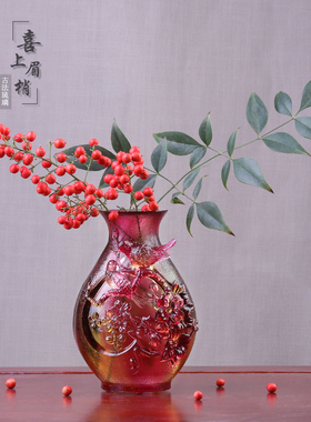 琉璃花瓶摆件梅花喜鹊喜上眉梢中式佛堂供奉鲜花插花花瓶桌面摆放