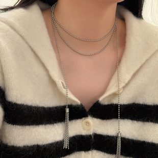 FLOAT浮漾多层叠戴流苏项链女银色金属锁骨链复古米珠长款毛衣链
