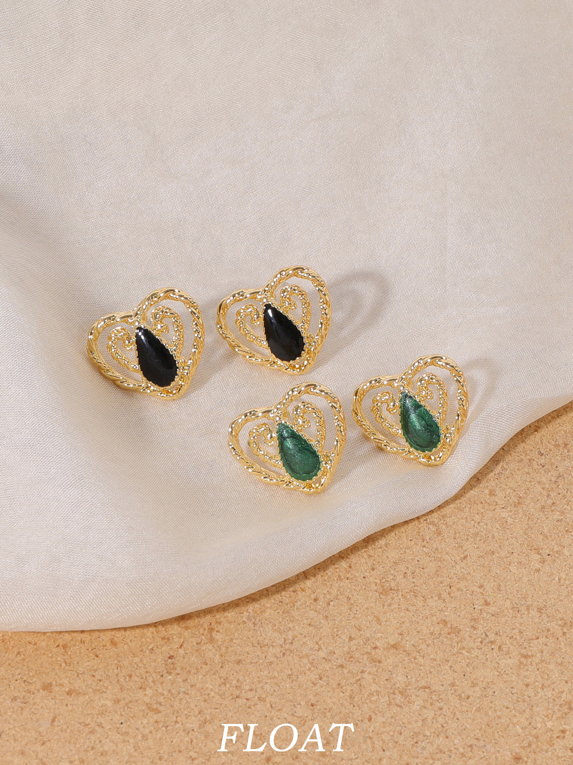 浮漾FLOAT复古编织镂空爱心耳钉女气质优雅法式滴釉绿色耳夹耳环