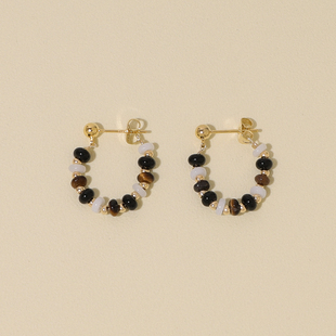 FLOAT浮漾虎眼石黑玛瑙耳环女气质925银针复古耳钉冷淡风耳饰耳夹