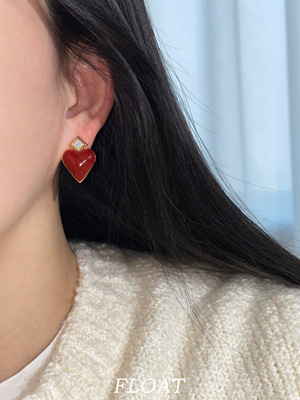 酒红色爱心耳钉镀金复古方钻耳环