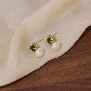 FLOAT浮漾法式 复古淡水珍珠耳环女高级感气质锆石祖母绿耳钉耳夹