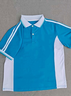 定做夏季男女校服同款运动短袖白色拼接蓝色短袖翻领T恤衫