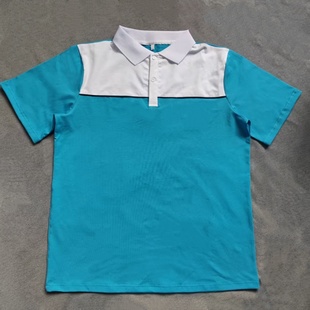 定做夏季男女校服同款运动短袖上衣蓝色拼接白色翻领POLO衫T恤衫