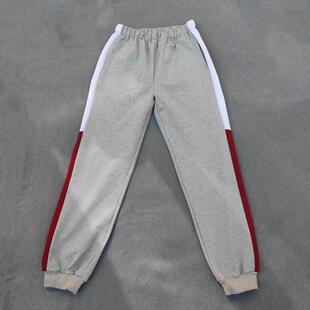 定做春秋冬季男女校裤同款运动裤浅灰色拼接上白下酒红加宽条裤子