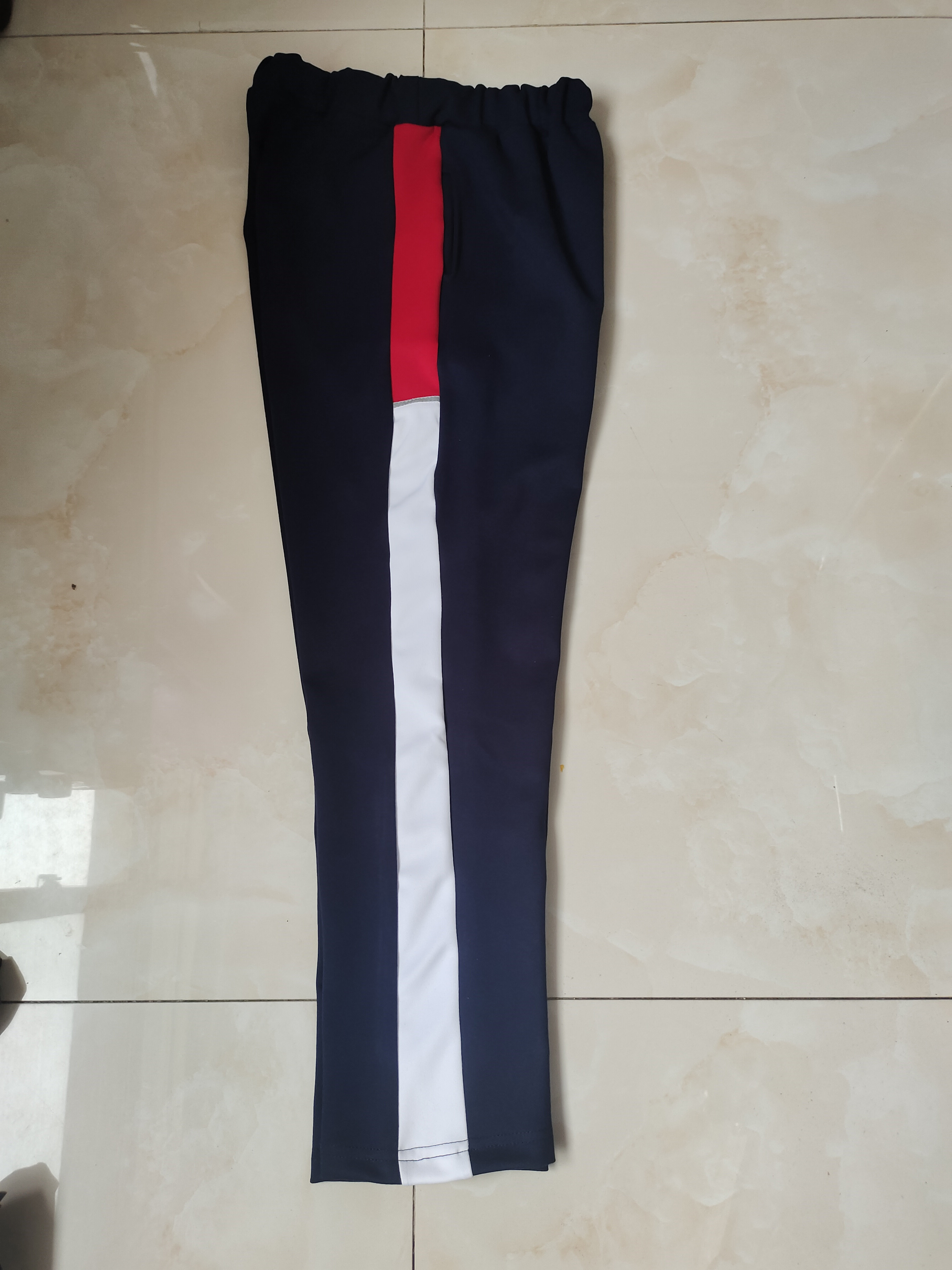 CUSTOM-MADE MENS AND WOMENS SCHOOL PANTS THE SAME SWEATPANTS NAVY BLUE STITCHING RED AND WHITE WIDE STRIPS PLUS A GRAY WIDE BAR AND FLEECE TROUSERS