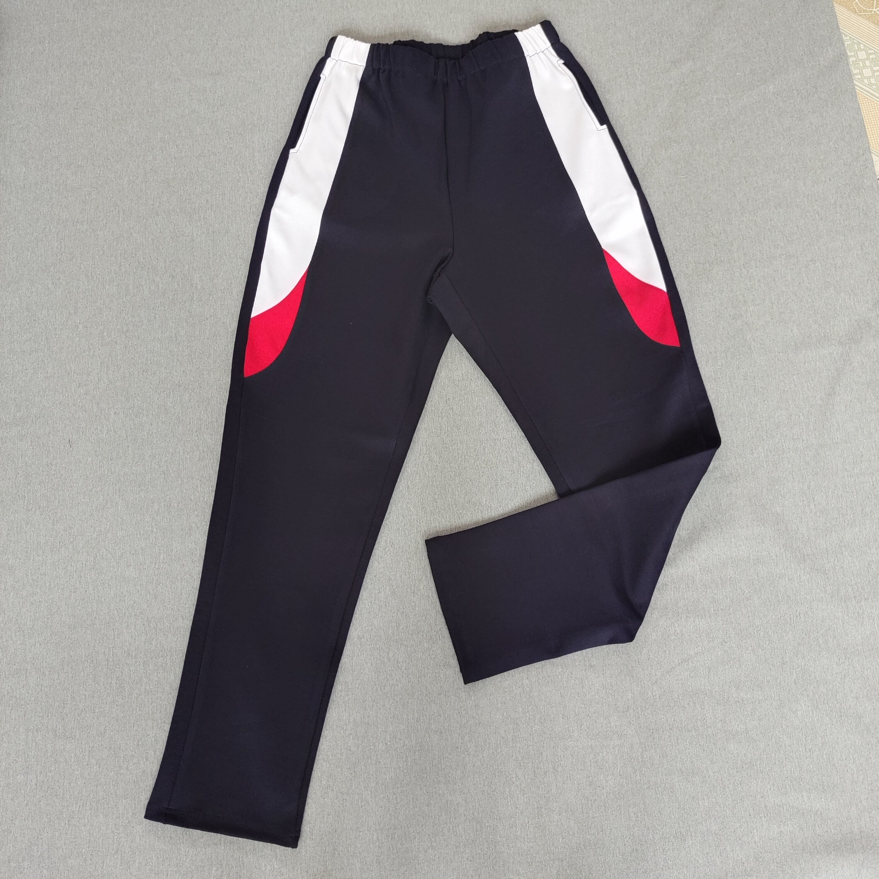 CUSTOM-MADE SPRING AUTUMN AND WINTER UNI COTTON SWEATPANTS NAVY BLUE PATCHWORK RED AND WHITE TRIANGLE FLEECE SWEATPANTS
